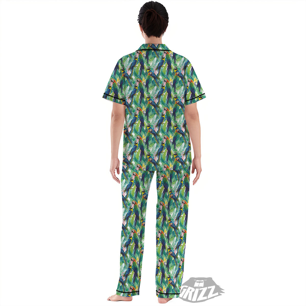Flower And Parrot Print Pattern Women's Pajamas Set-grizzshop