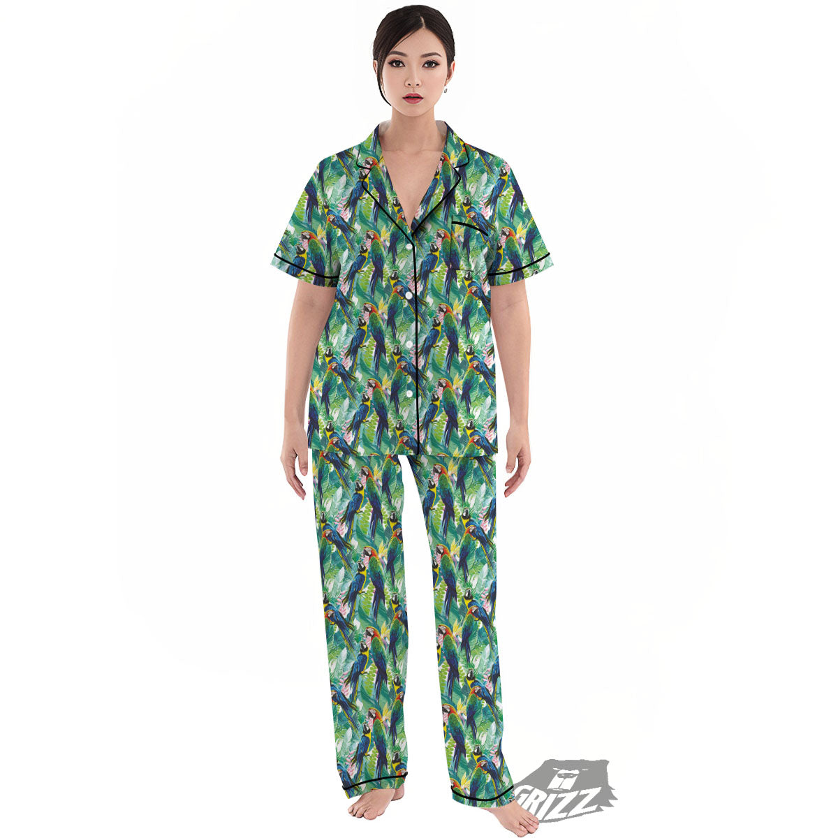 Flower And Parrot Print Pattern Women's Pajamas Set-grizzshop