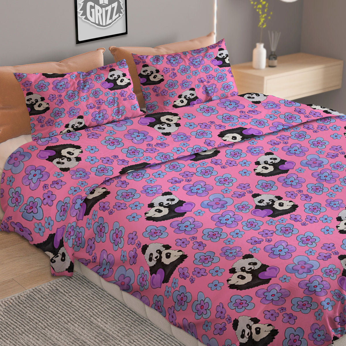 Flower And Purple Panda Print Pattern Duvet Cover Bedding Set-grizzshop