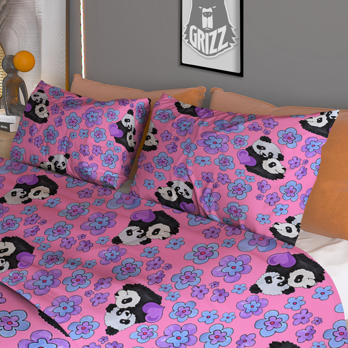 Flower And Purple Panda Print Pattern Duvet Cover Bedding Set-grizzshop