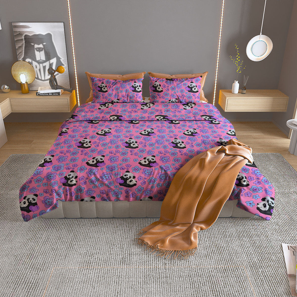 Flower And Purple Panda Print Pattern Duvet Cover Bedding Set-grizzshop