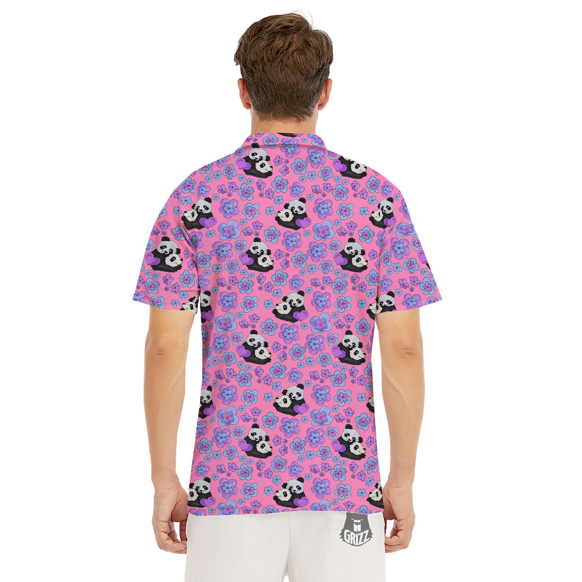 Flower And Purple Panda Print Pattern Men's Golf Shirts-grizzshop