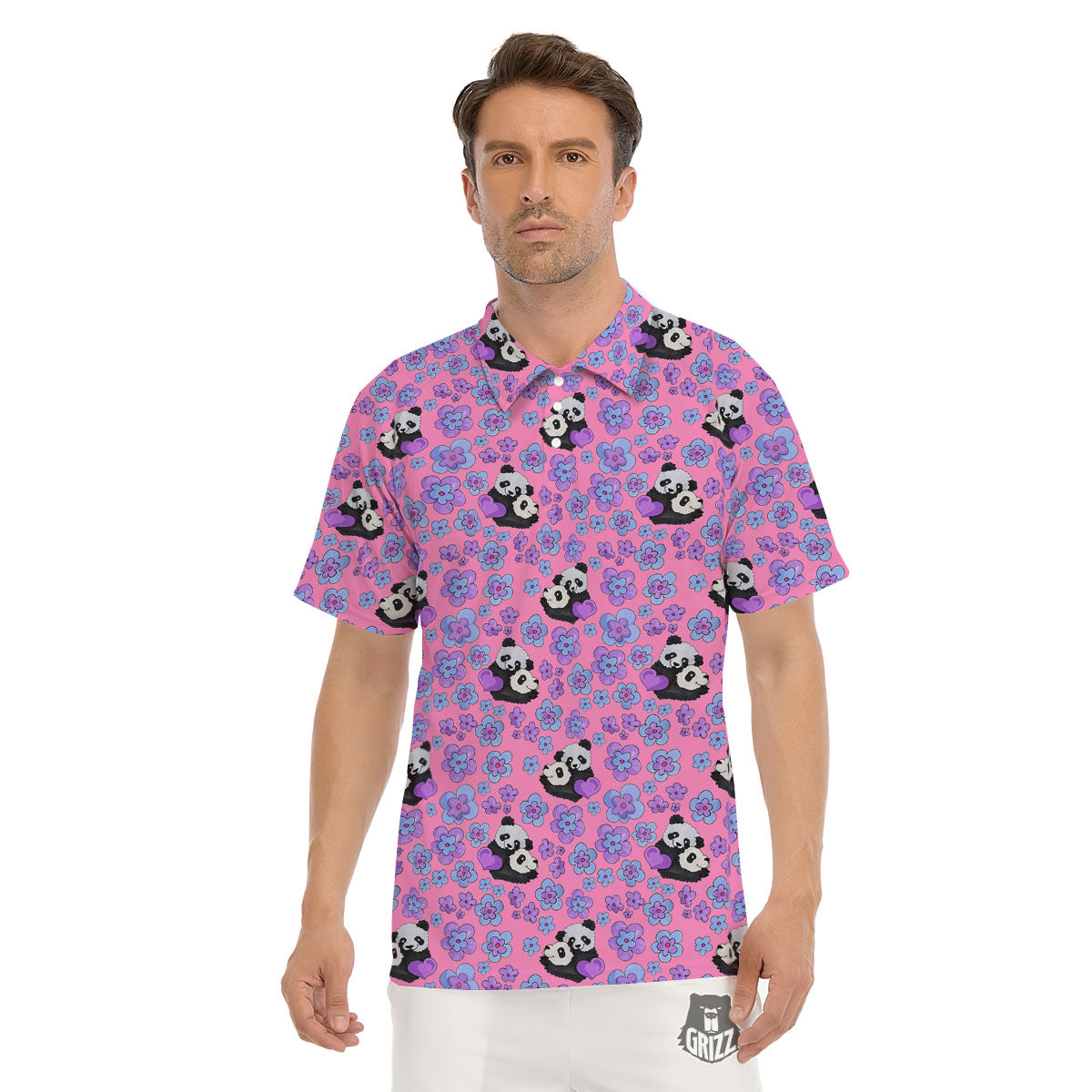 Flower And Purple Panda Print Pattern Men's Golf Shirts-grizzshop