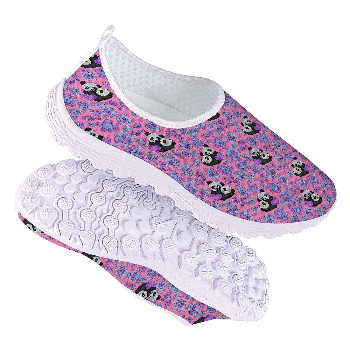 Flower And Purple Panda Print Pattern Nurse Shoes-grizzshop