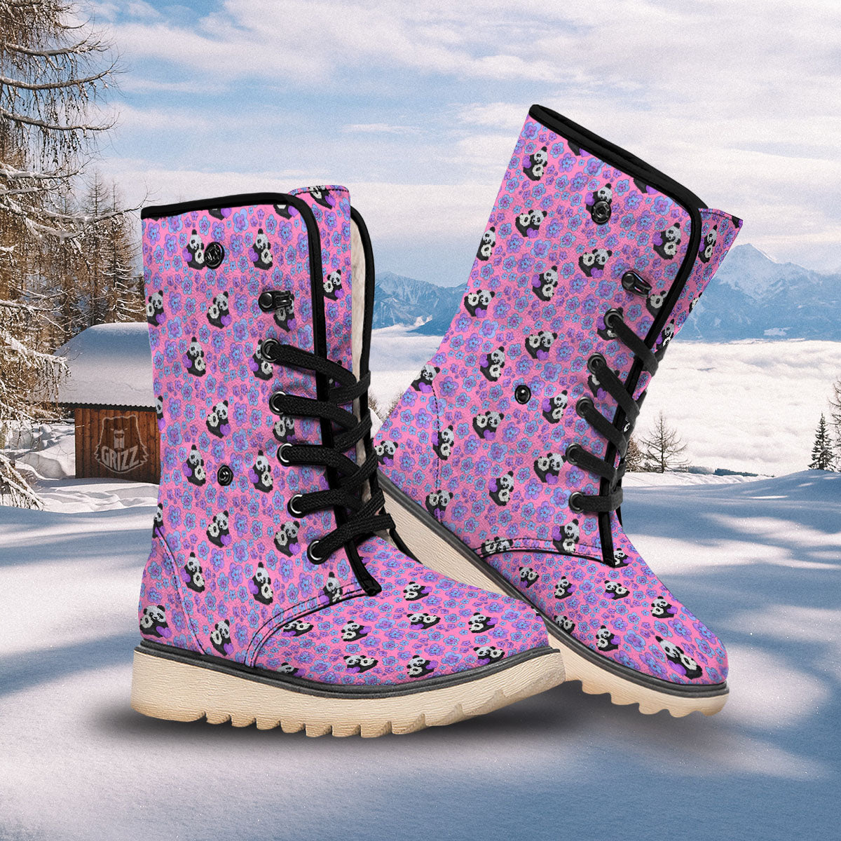Flower And Purple Panda Print Pattern Snow Boots-grizzshop