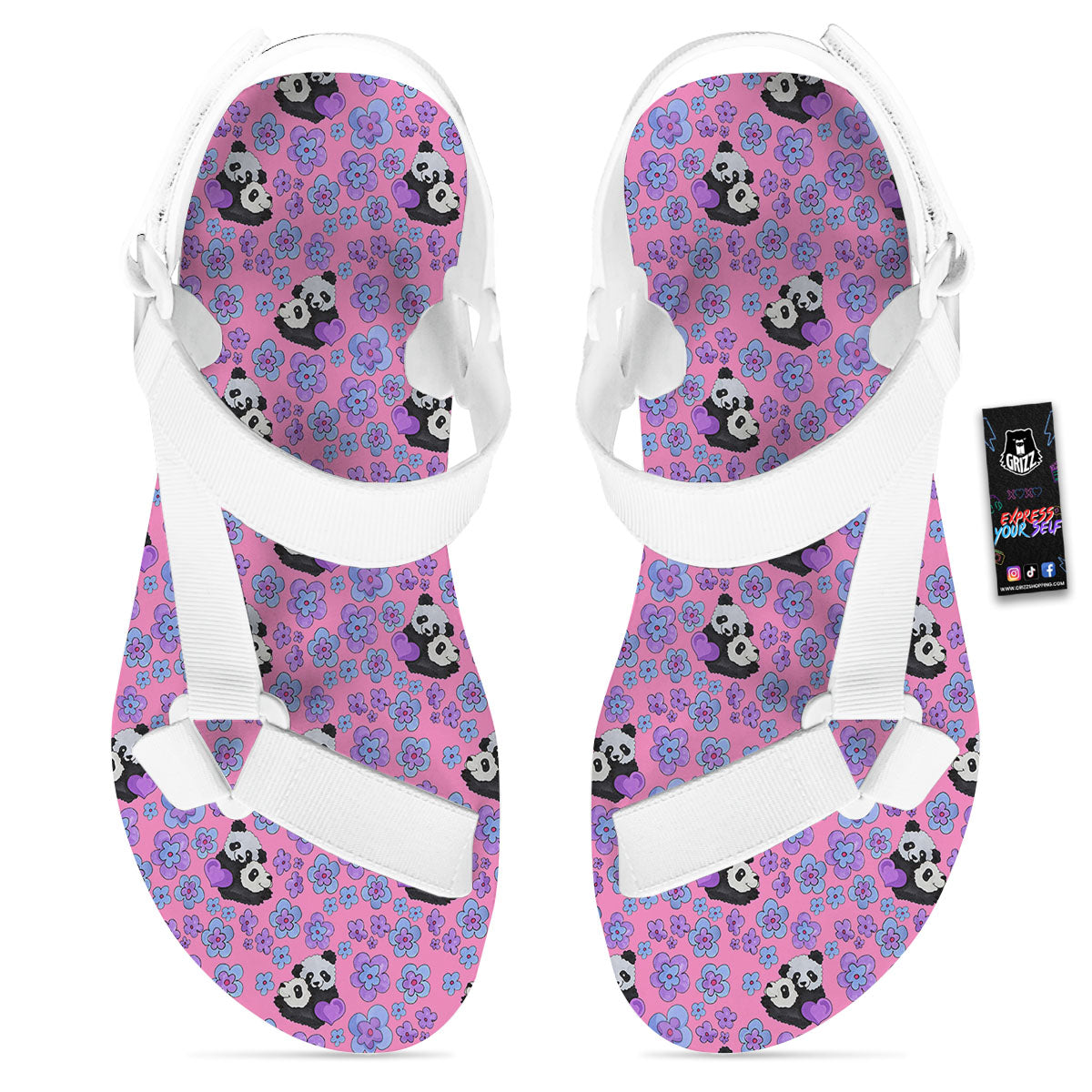 Flower And Purple Panda Print Pattern White Open Toe Sandals-grizzshop