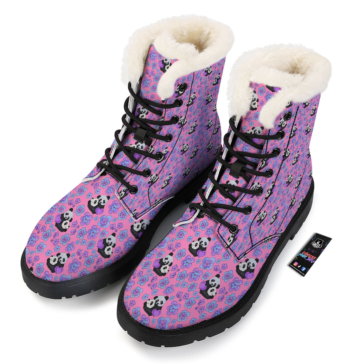 Flower And Purple Panda Print Pattern Winter Boots-grizzshop