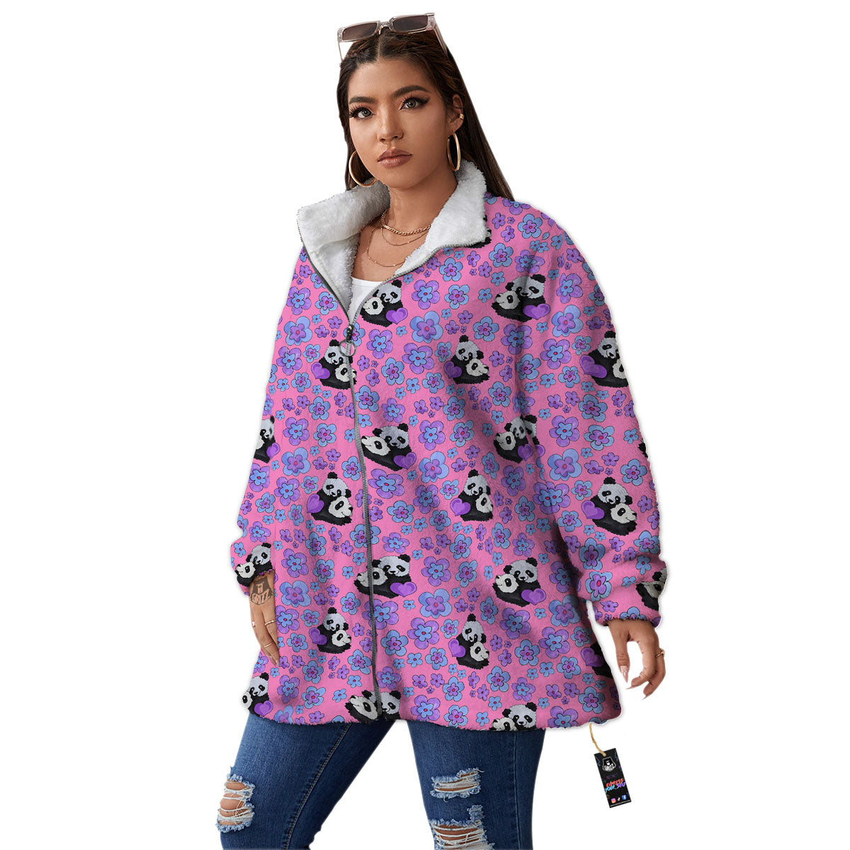 Flower And Purple Panda Print Pattern Women's Sherpa Jacket-grizzshop