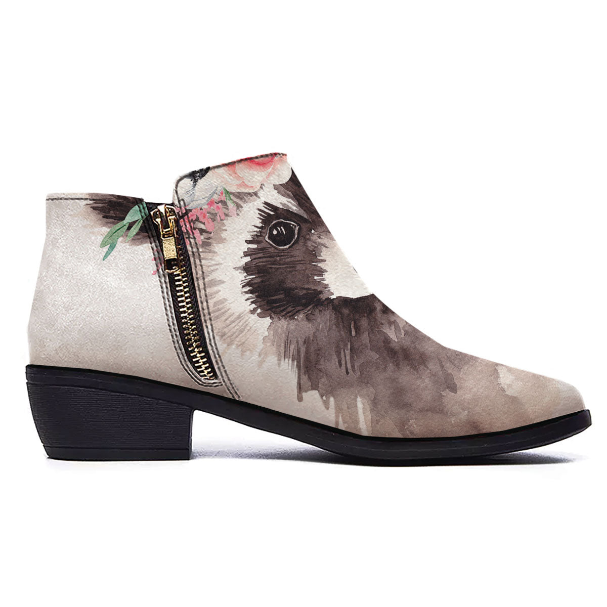Flower And Raccoon Print Ankle Boots-grizzshop