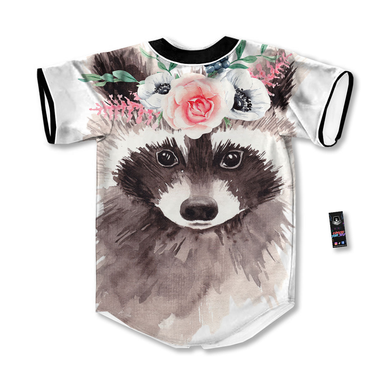 Flower And Raccoon Print Baseball Jersey-grizzshop