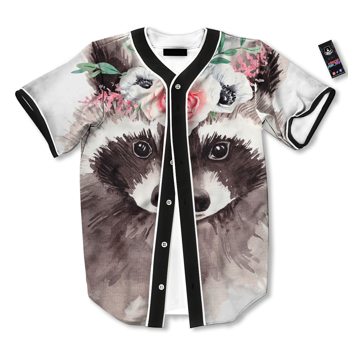 Flower And Raccoon Print Baseball Jersey-grizzshop