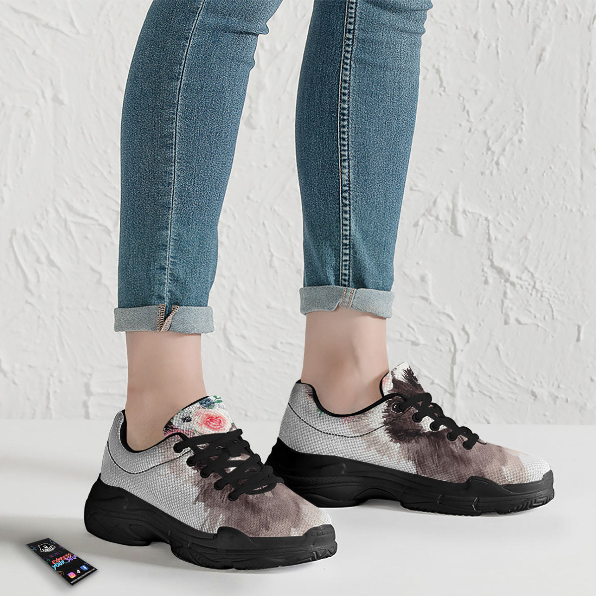 Flower And Raccoon Print Black Chunky Shoes-grizzshop