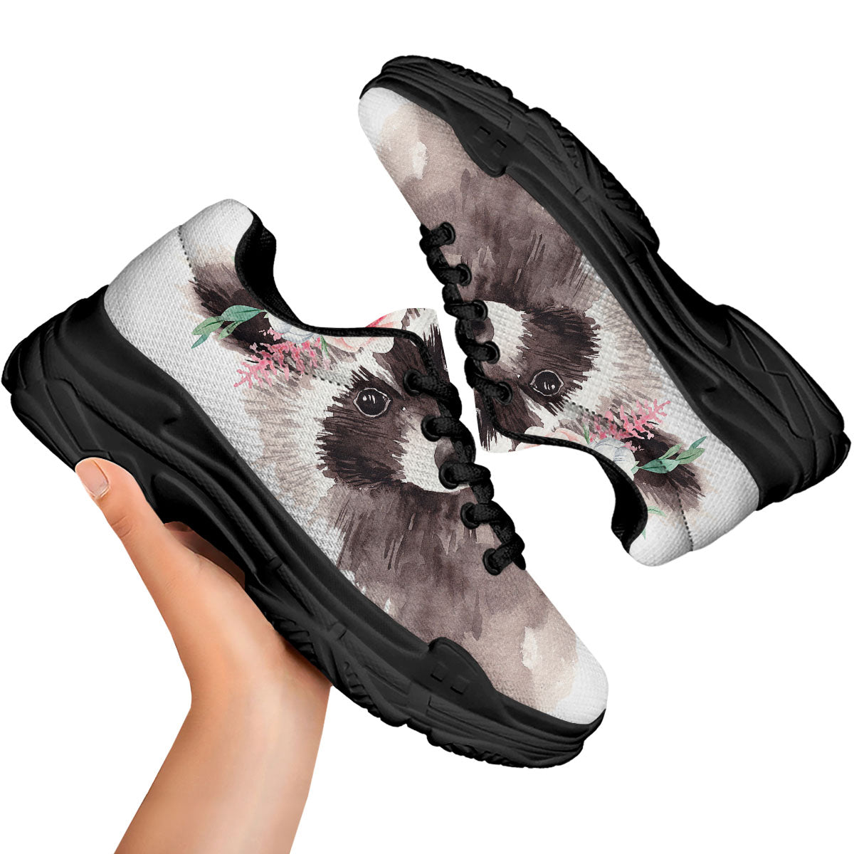 Flower And Raccoon Print Black Chunky Shoes-grizzshop