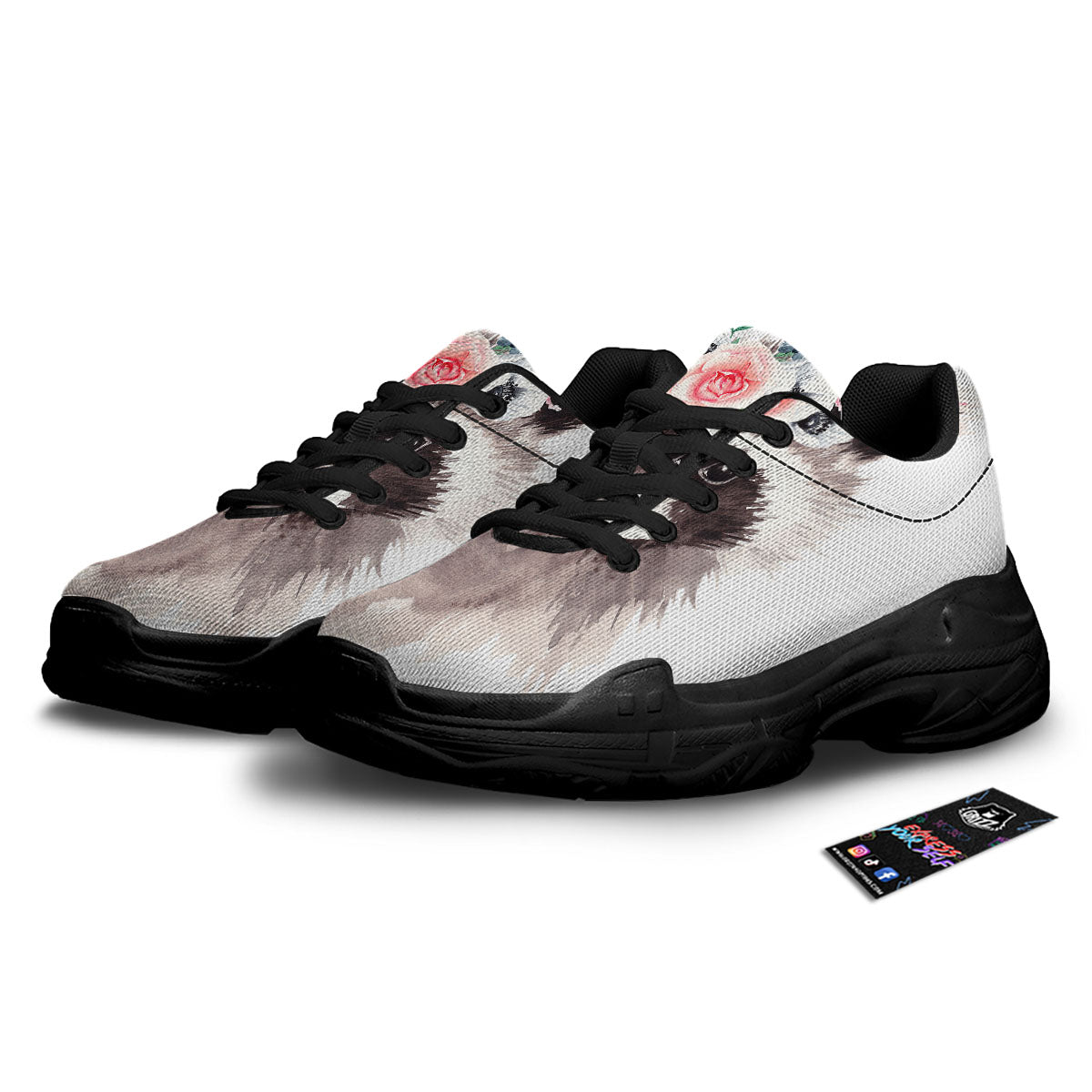 Flower And Raccoon Print Black Chunky Shoes-grizzshop