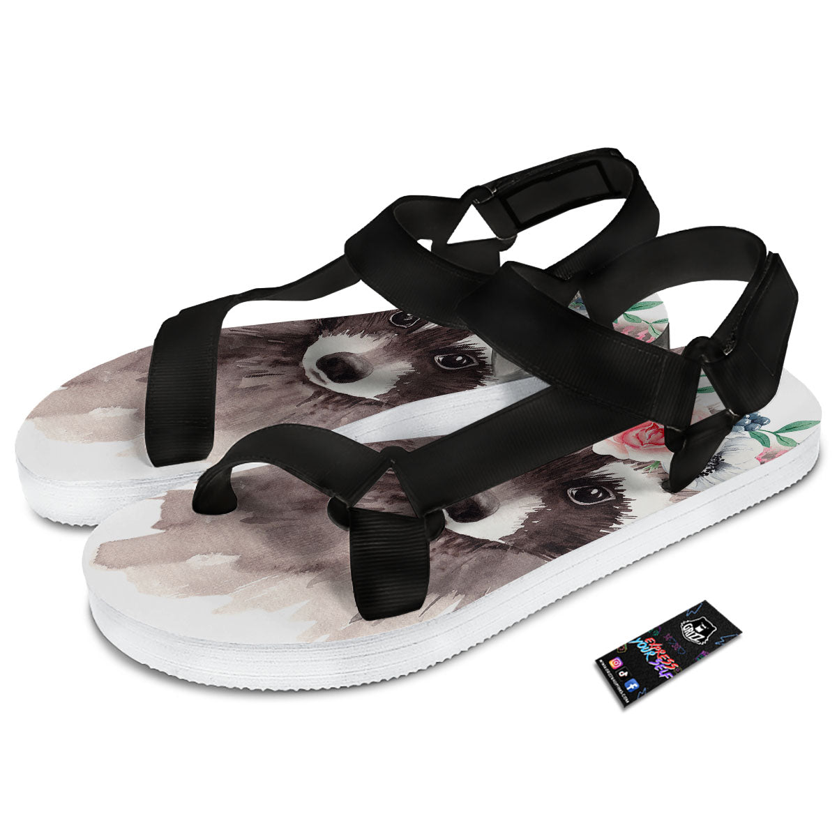 Flower And Raccoon Print Black Open Toe Sandals-grizzshop