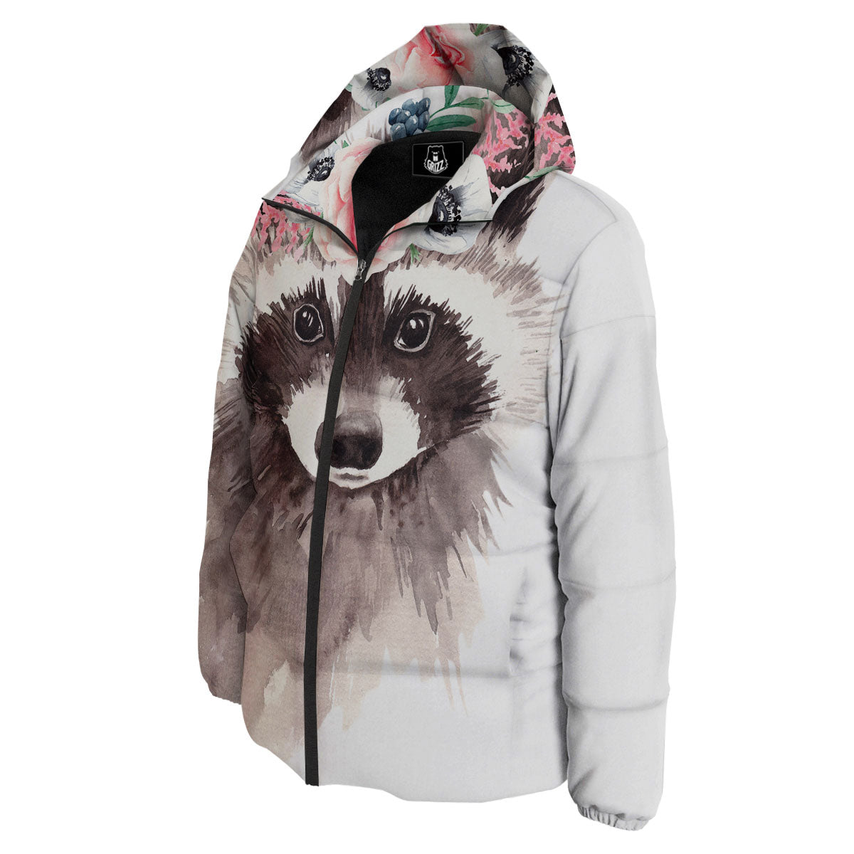 Flower And Raccoon Print Down Jacket-grizzshop