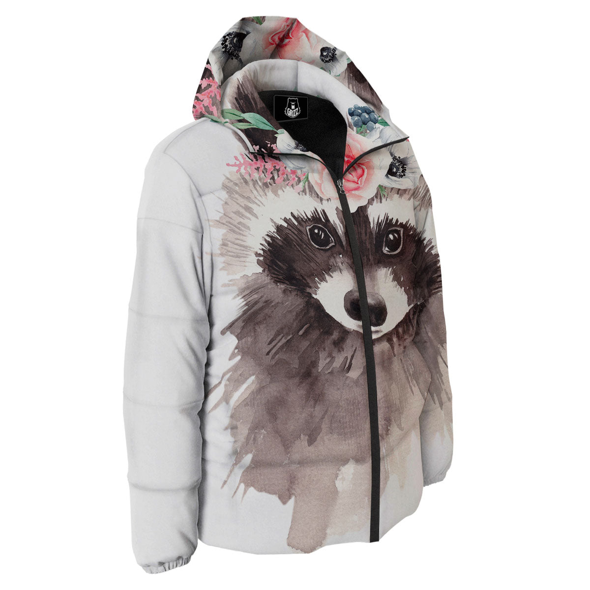 Flower And Raccoon Print Down Jacket-grizzshop