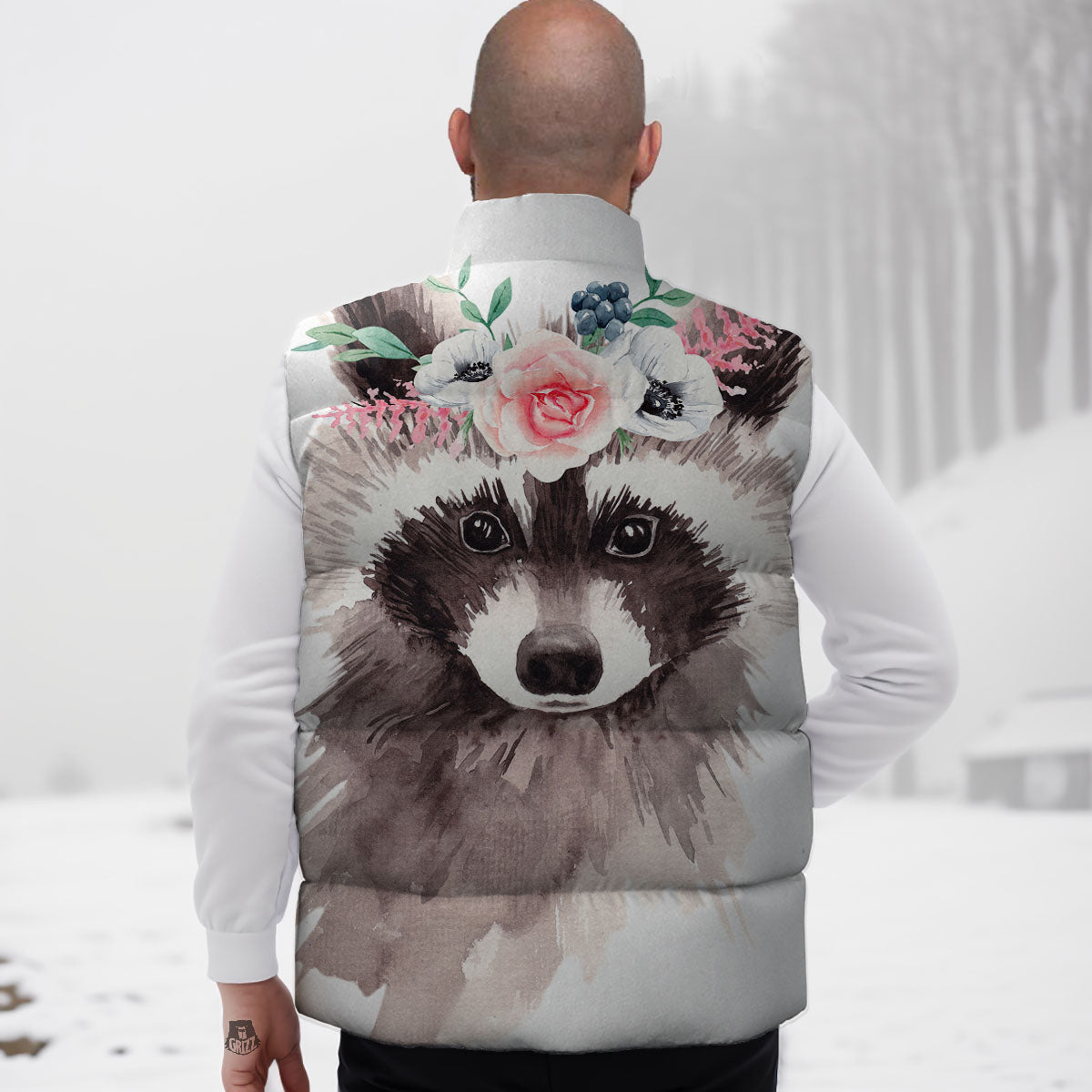 Flower And Raccoon Print Down Vest
