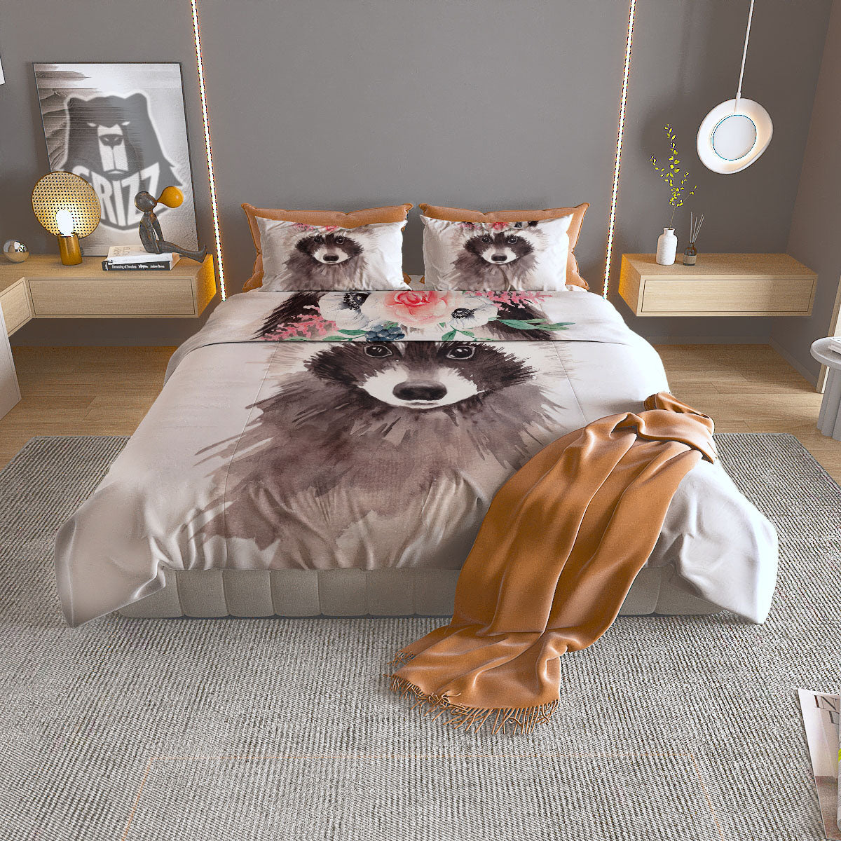Flower And Raccoon Print Duvet Cover Bedding Set-grizzshop