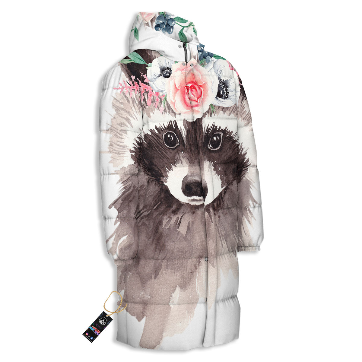 Flower And Raccoon Print Long Down Jacket-grizzshop