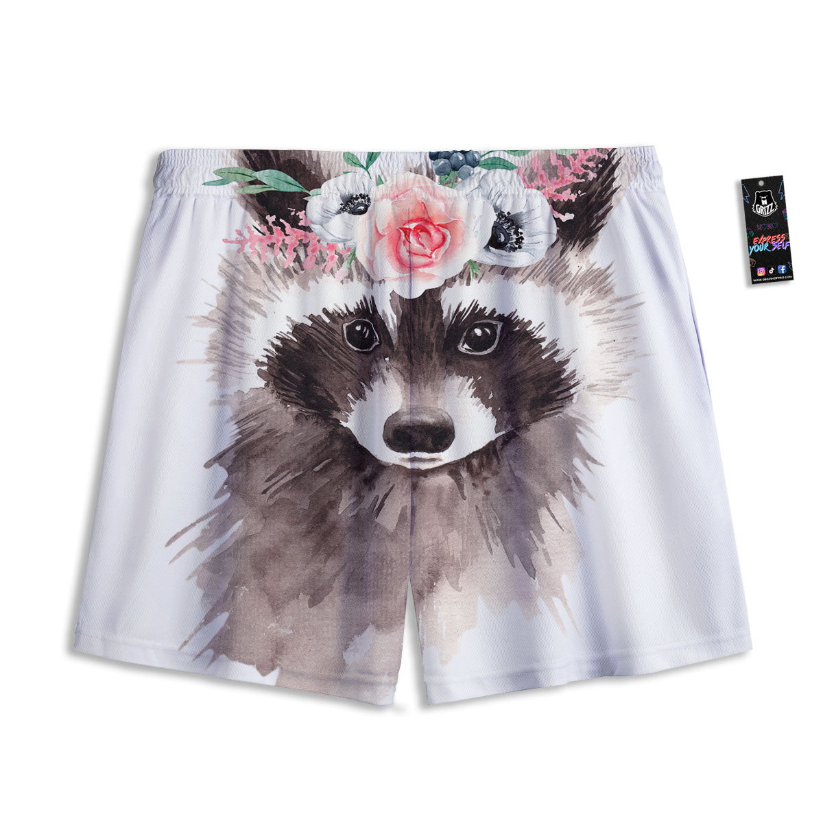 Flower And Raccoon Print Mesh Shorts