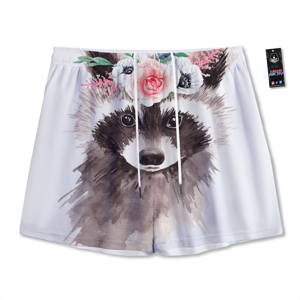 Flower And Raccoon Print Mesh Shorts