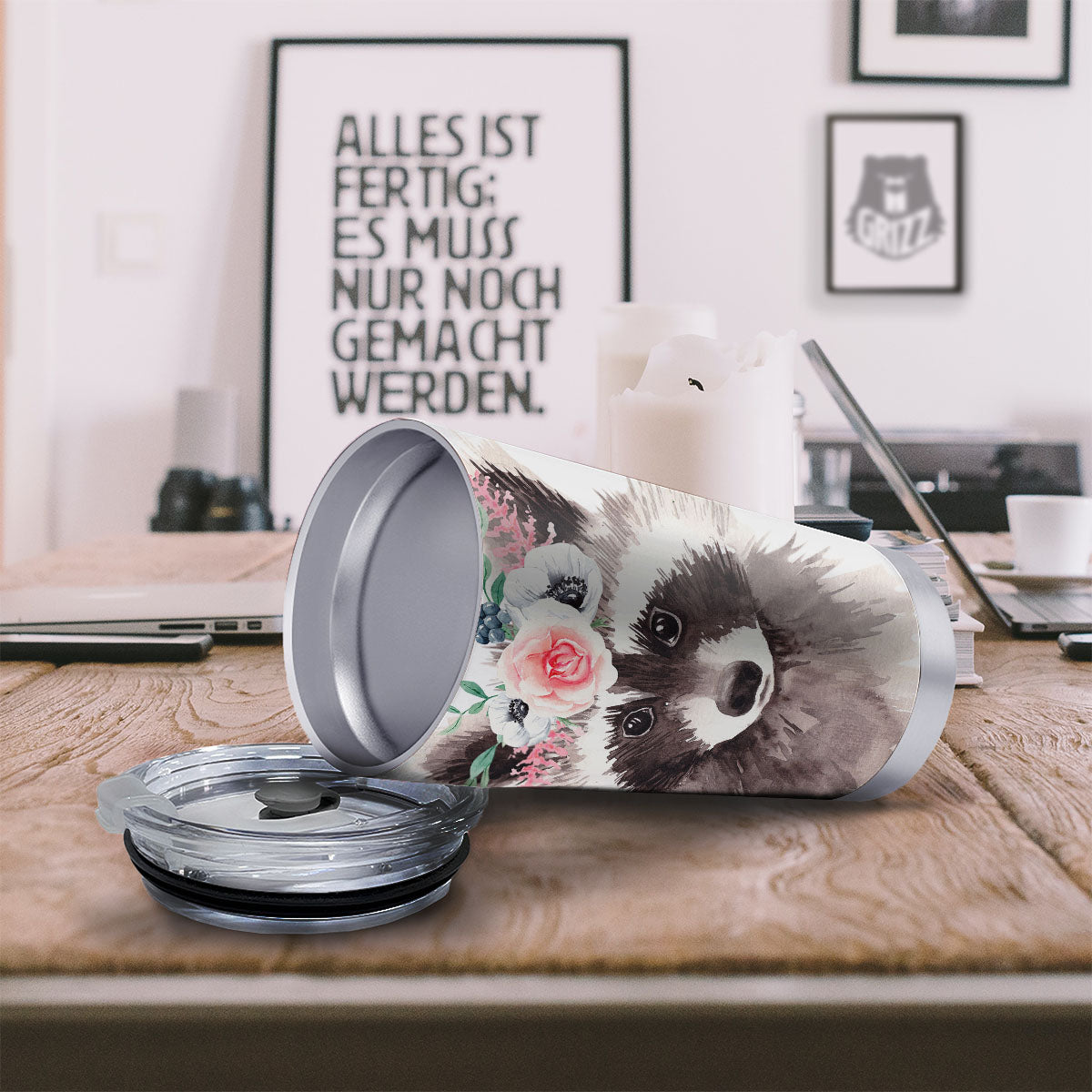 Flower And Raccoon Print Tumbler-grizzshop