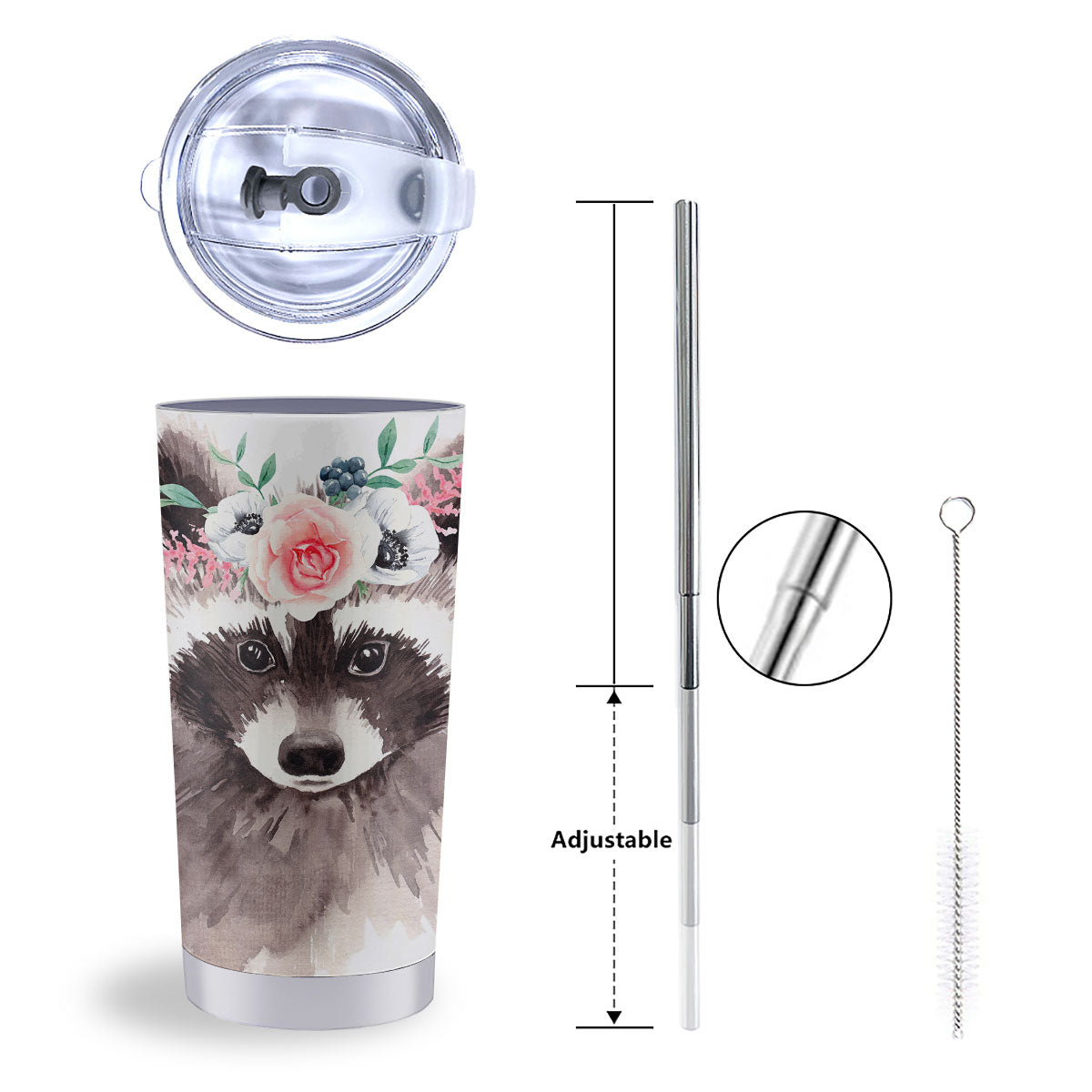 Flower And Raccoon Print Tumbler-grizzshop