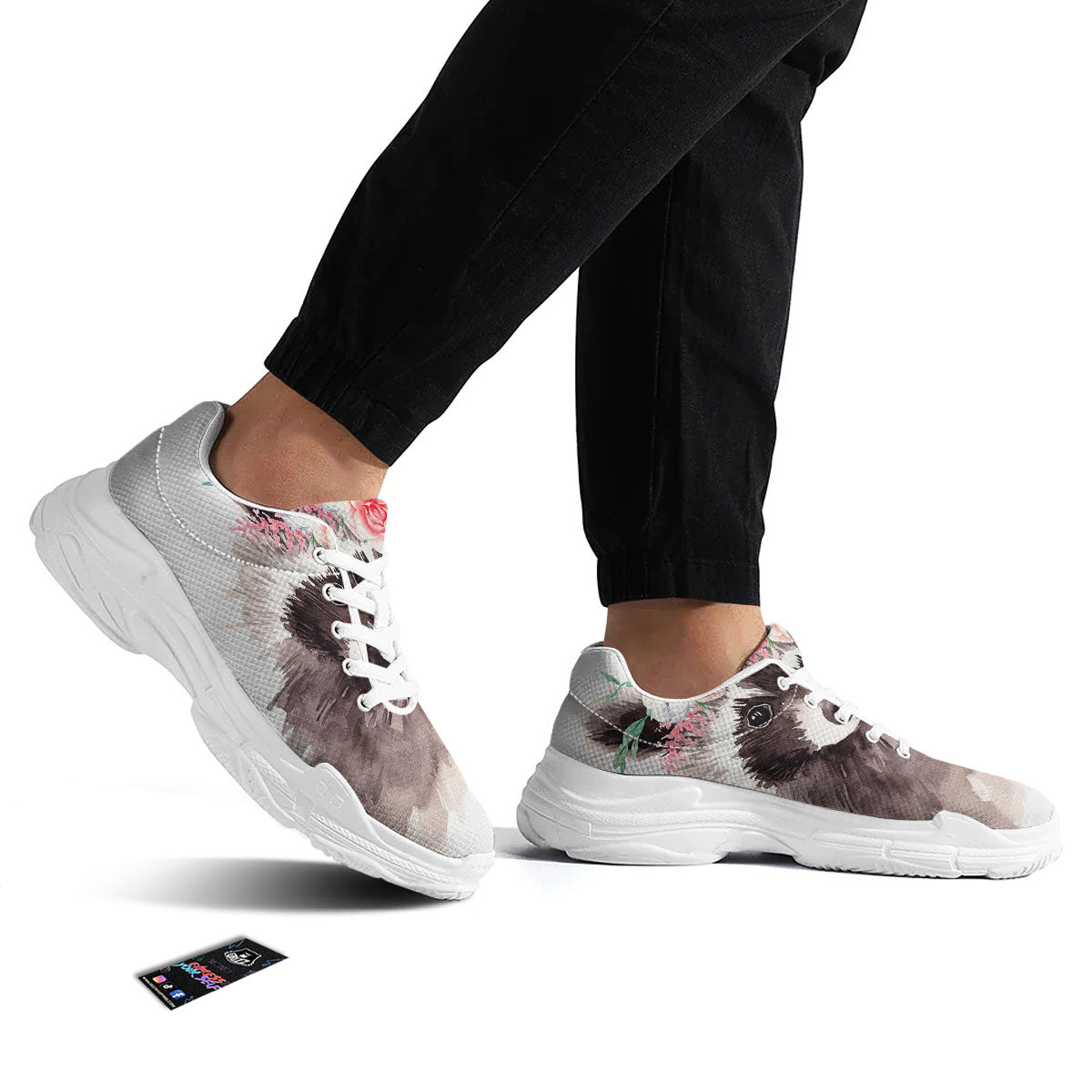 Flower And Raccoon Print White Chunky Shoes-grizzshop