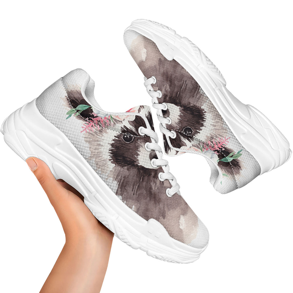 Flower And Raccoon Print White Chunky Shoes-grizzshop