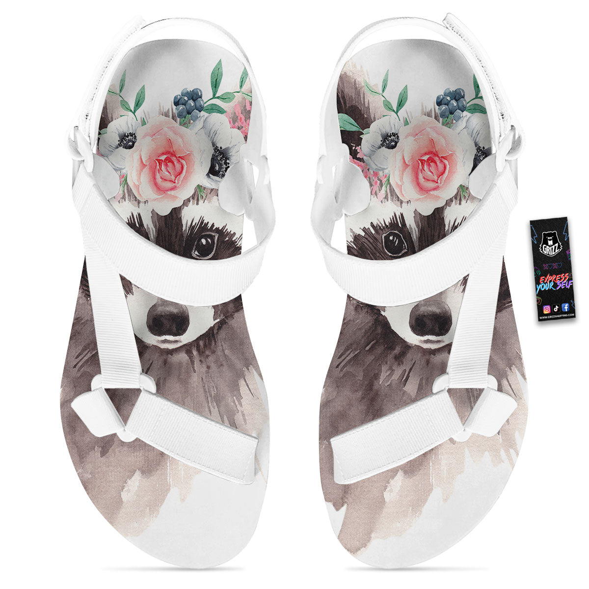 Flower And Raccoon Print White Open Toe Sandals-grizzshop