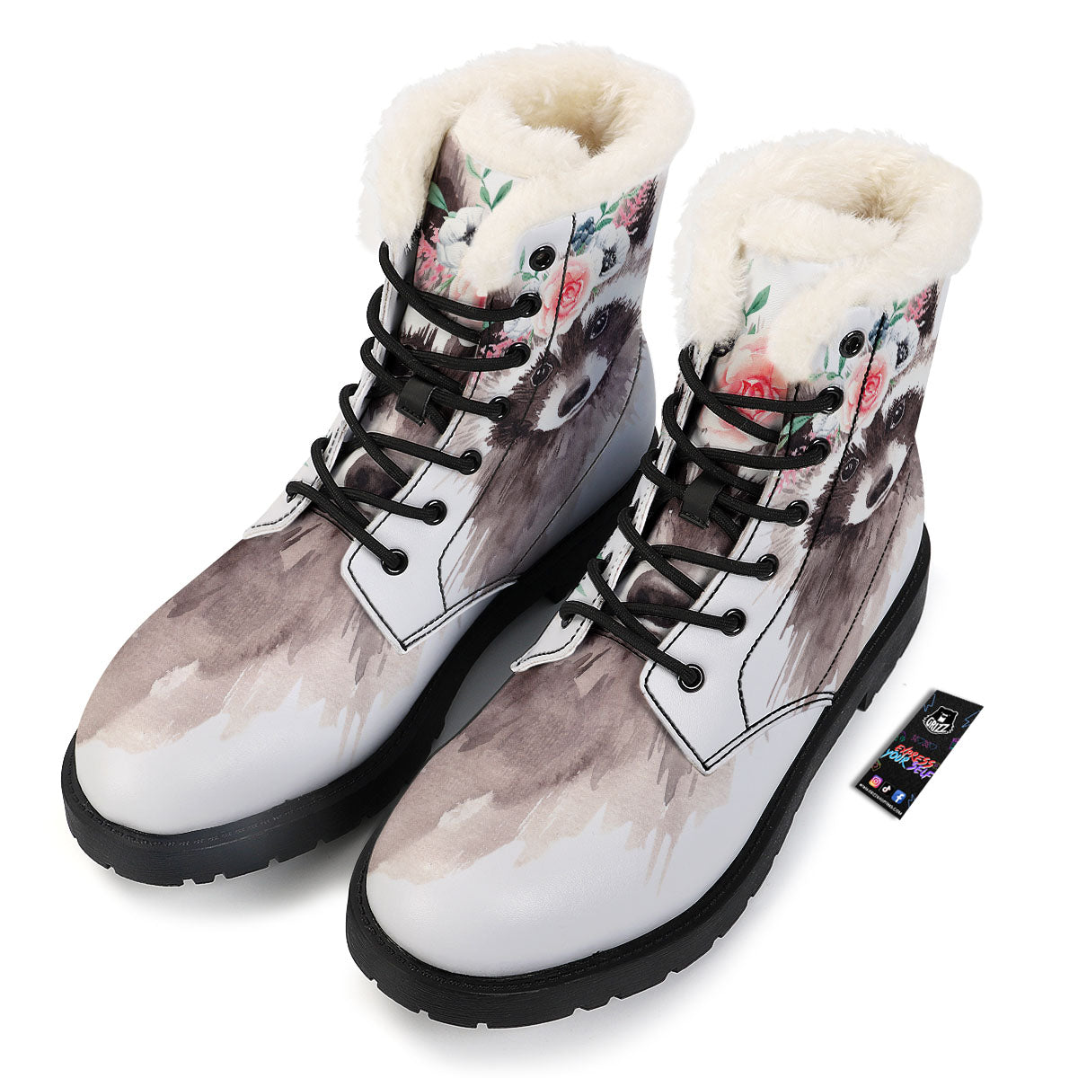 Flower And Raccoon Print Winter Boots-grizzshop