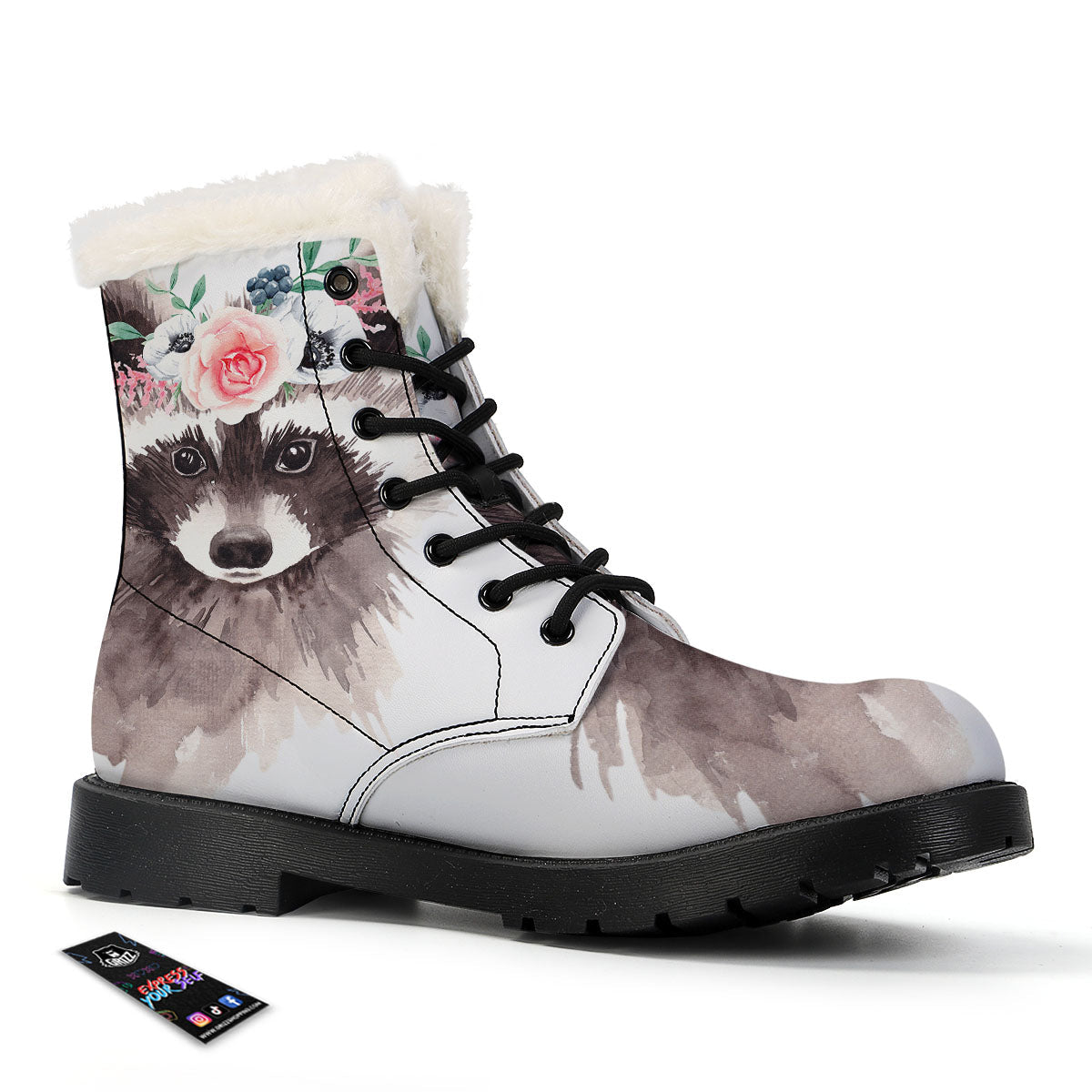 Flower And Raccoon Print Winter Boots-grizzshop