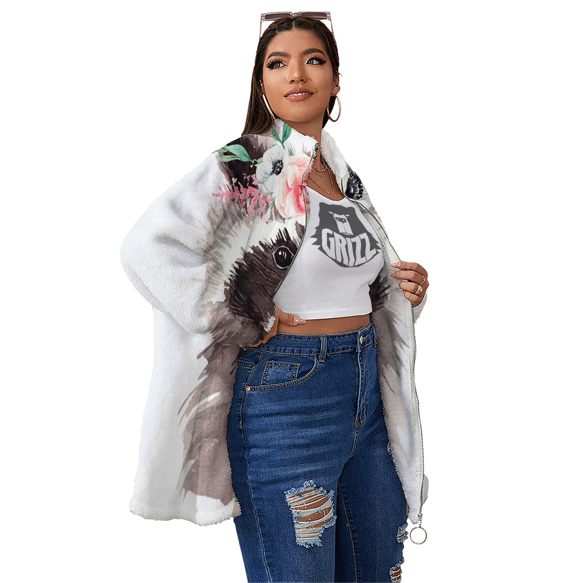 Flower And Raccoon Print Women's Sherpa Jacket-grizzshop