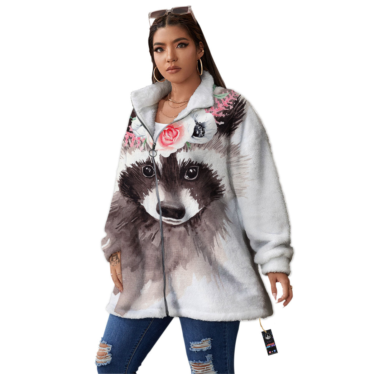 Flower And Raccoon Print Women's Sherpa Jacket-grizzshop