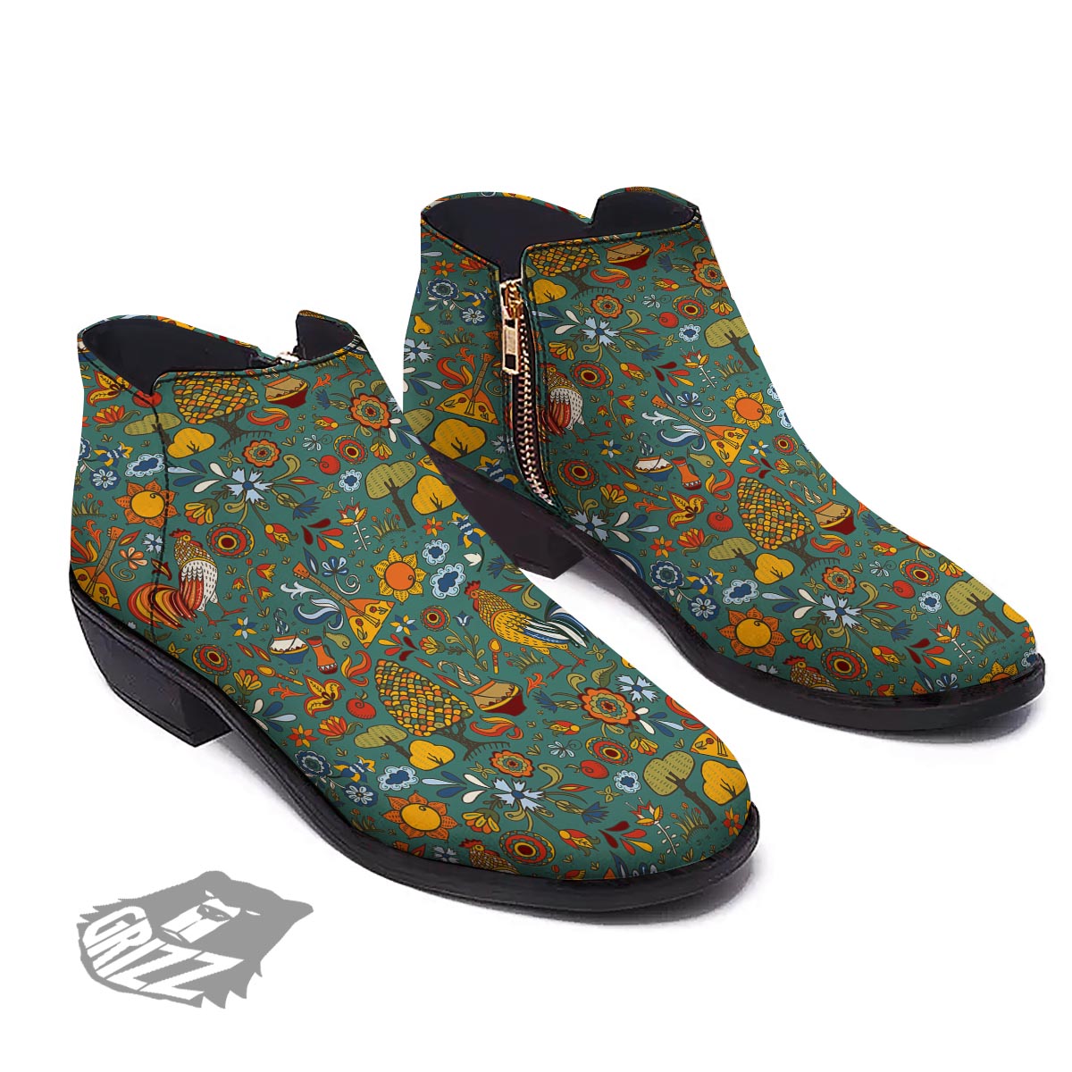 Flower And Rooster Print Pattern Ankle Boots-grizzshop