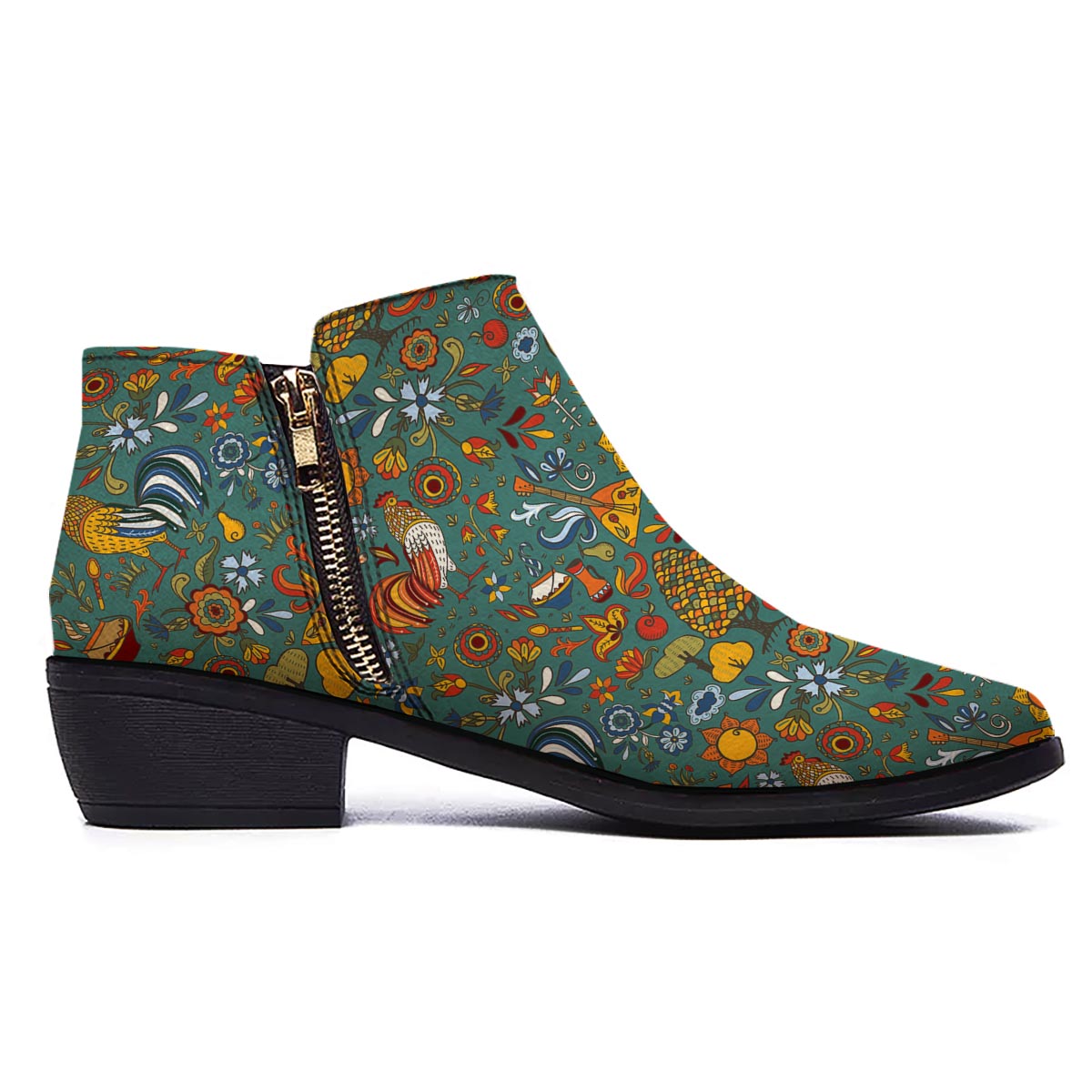 Flower And Rooster Print Pattern Ankle Boots-grizzshop