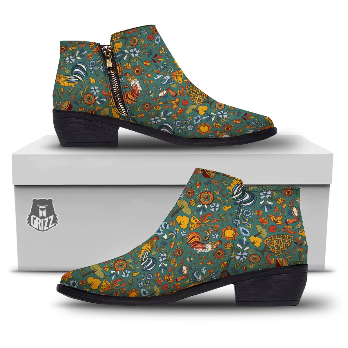 Flower And Rooster Print Pattern Ankle Boots-grizzshop