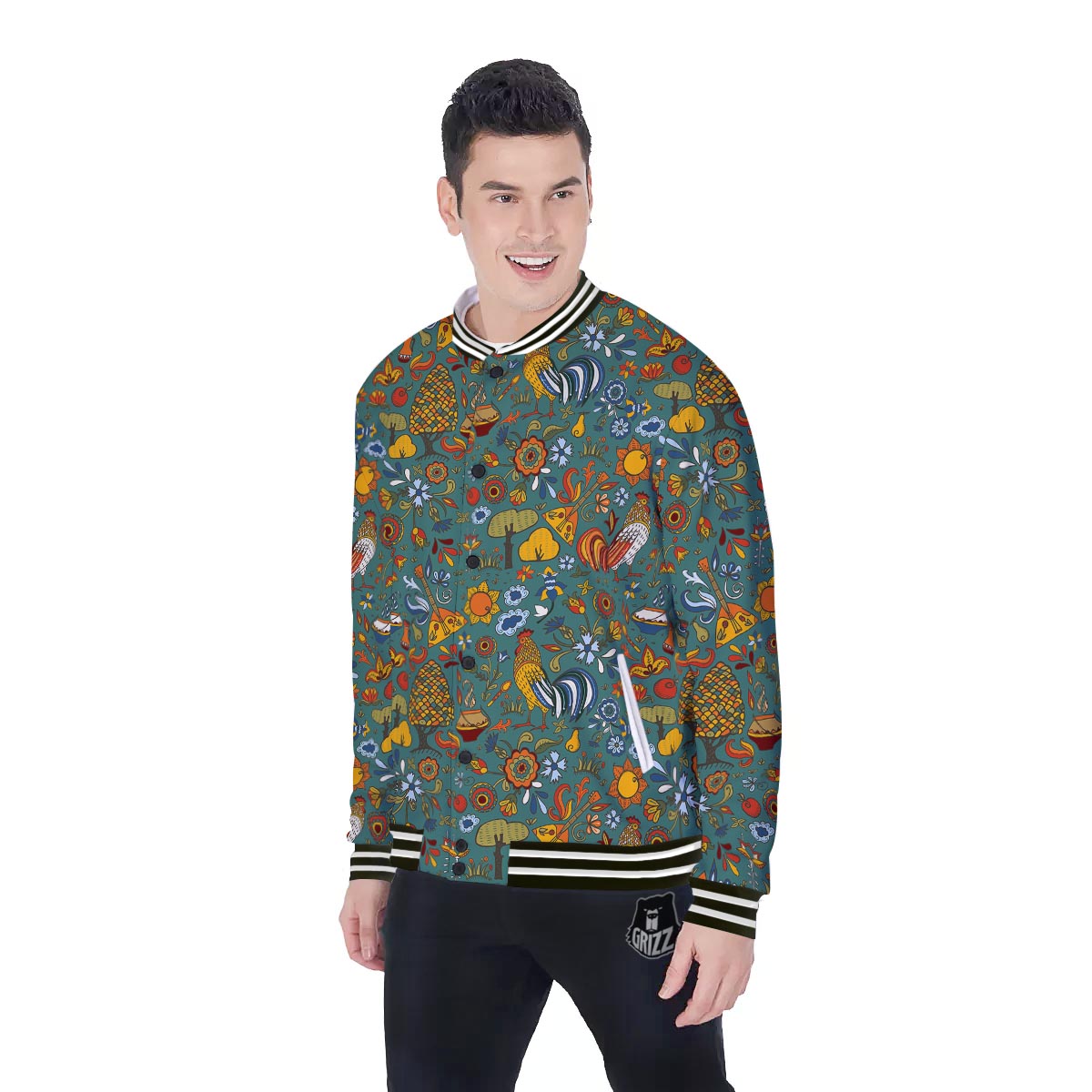 Flower And Rooster Print Pattern Baseball Jacket-grizzshop