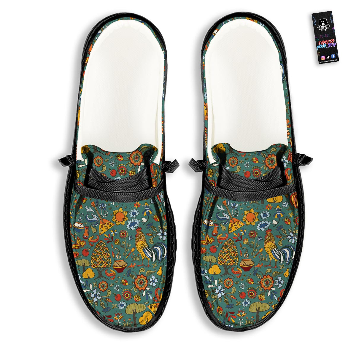 Flower And Rooster Print Pattern Black Loafers-grizzshop