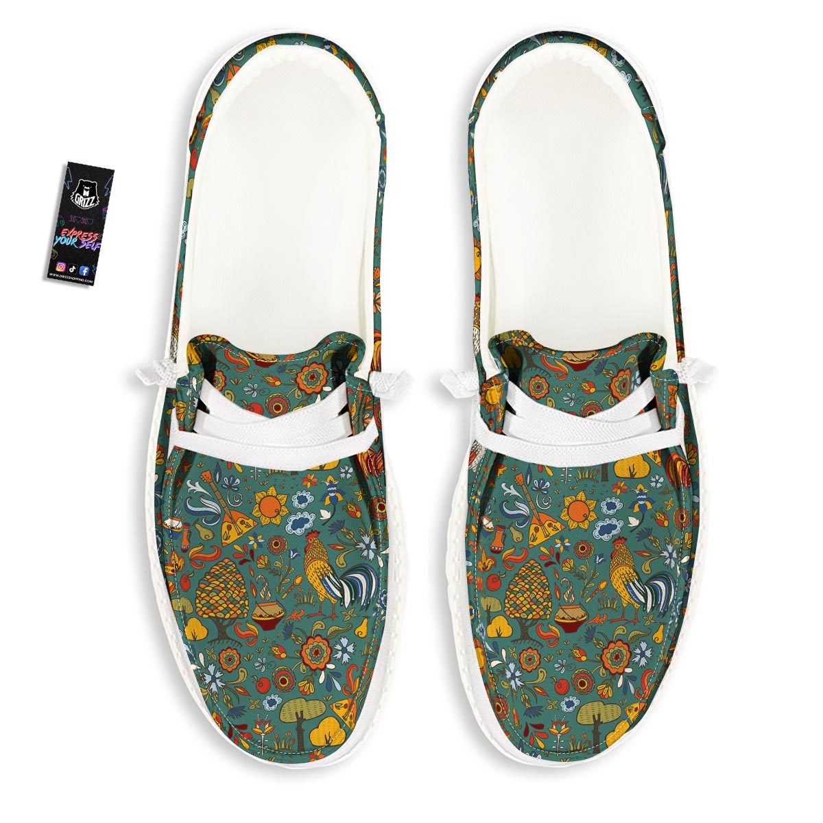 Flower And Rooster Print Pattern Black Loafers-grizzshop
