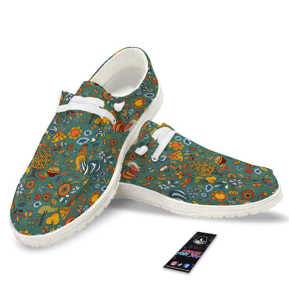 Flower And Rooster Print Pattern Black Loafers-grizzshop