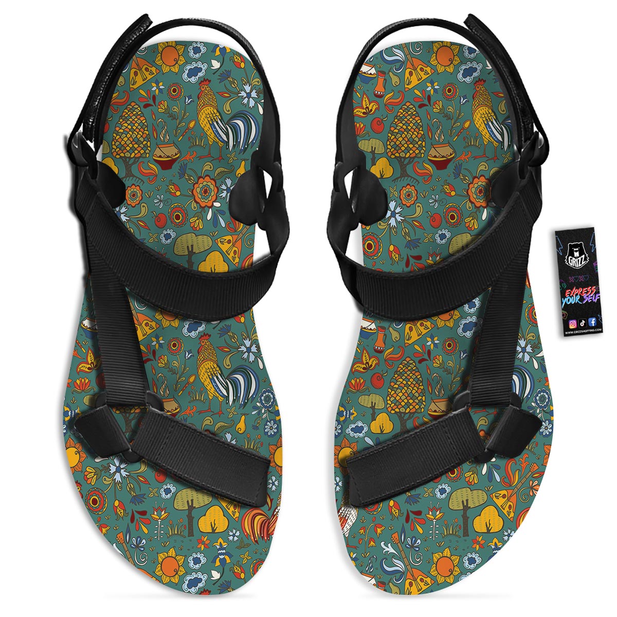 Flower And Rooster Print Pattern Black Open Toe Sandals-grizzshop