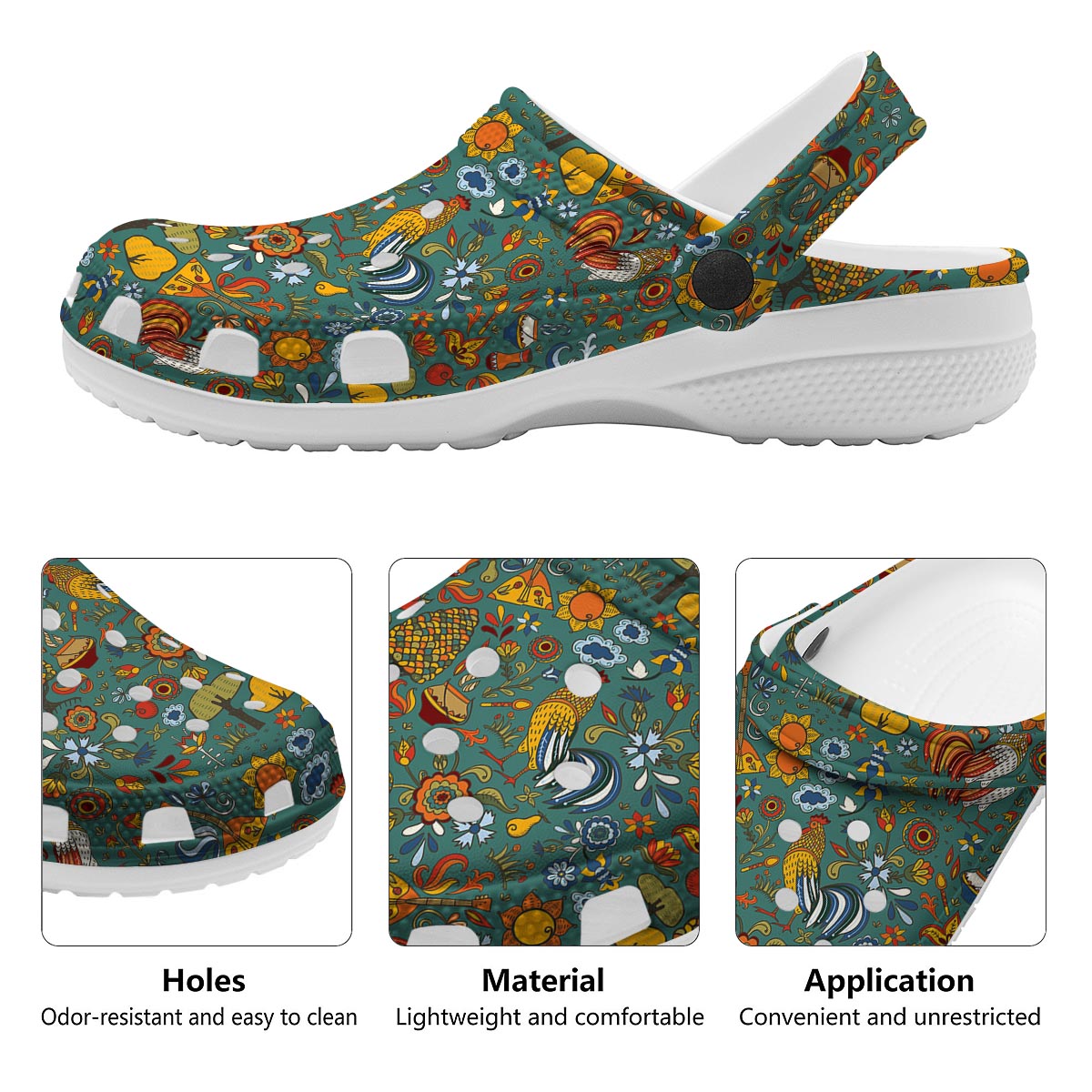 Flower And Rooster Print Pattern Clog-grizzshop