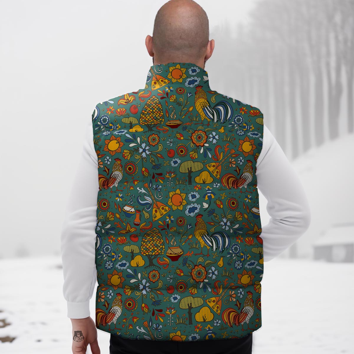 Flower And Rooster Print Pattern Down Vest