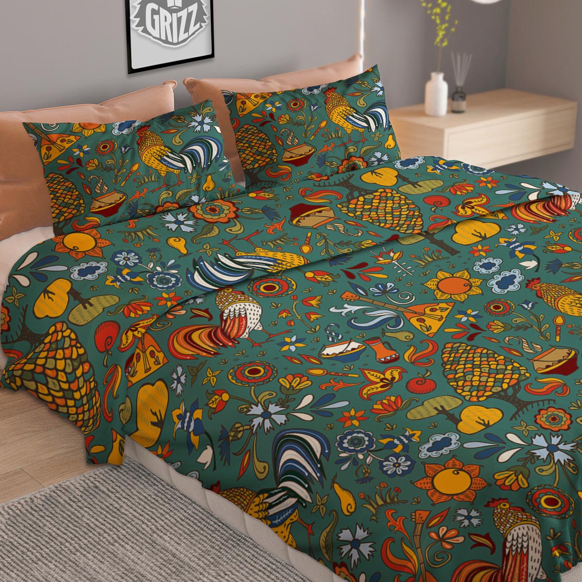 Flower And Rooster Print Pattern Duvet Cover Bedding Set-grizzshop