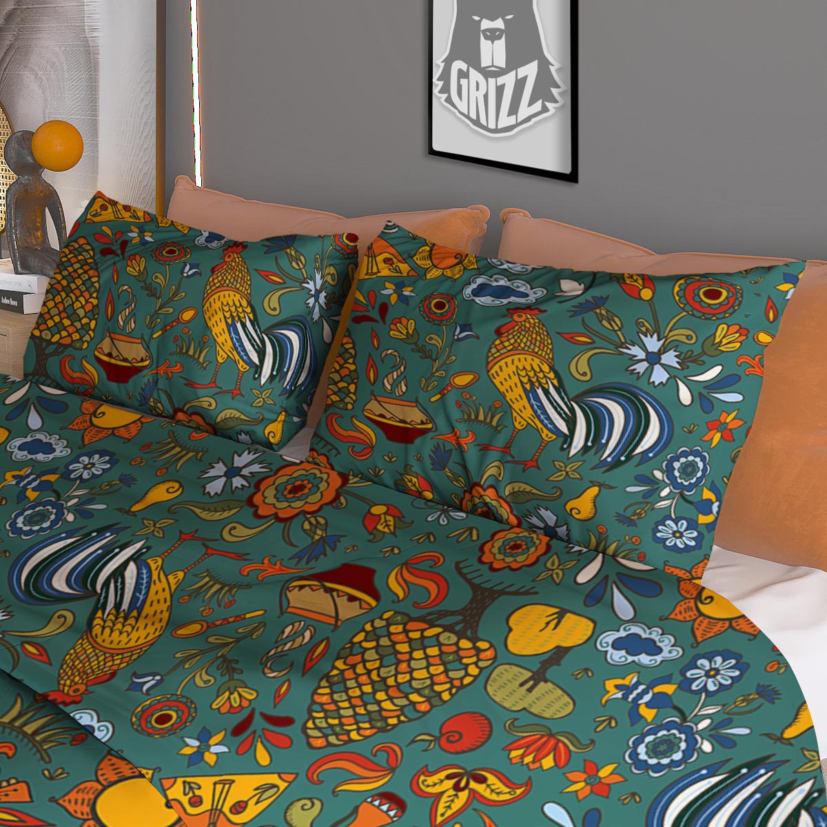 Flower And Rooster Print Pattern Duvet Cover Bedding Set-grizzshop