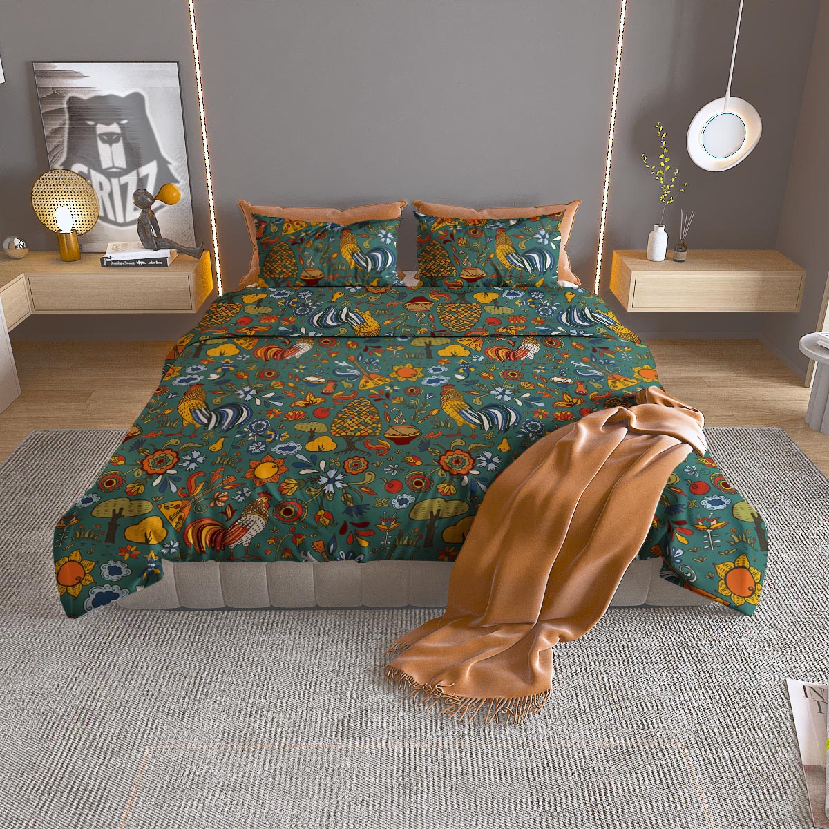 Flower And Rooster Print Pattern Duvet Cover Bedding Set-grizzshop