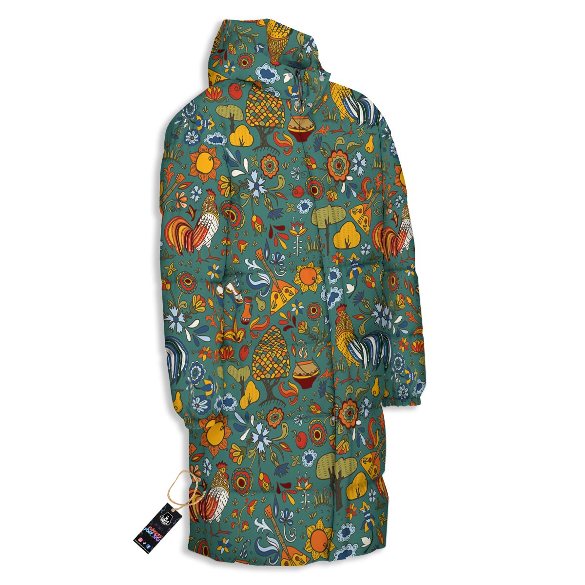 Flower And Rooster Print Pattern Long Down Jacket-grizzshop