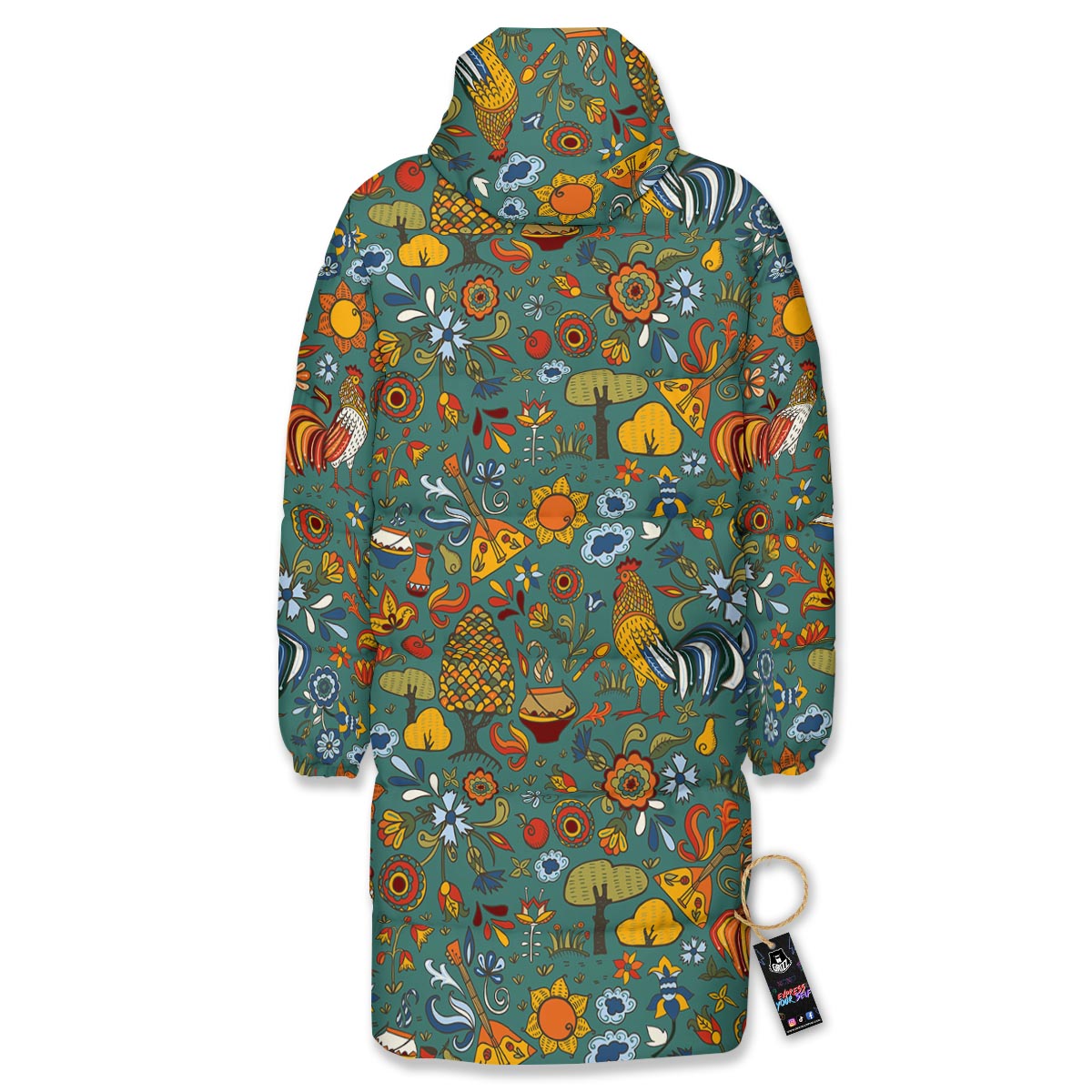 Flower And Rooster Print Pattern Long Down Jacket-grizzshop
